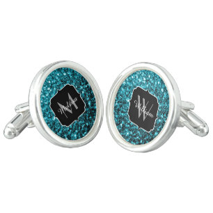 Aqua blue shiny faux glitter sparkles Monogram Cufflinks
