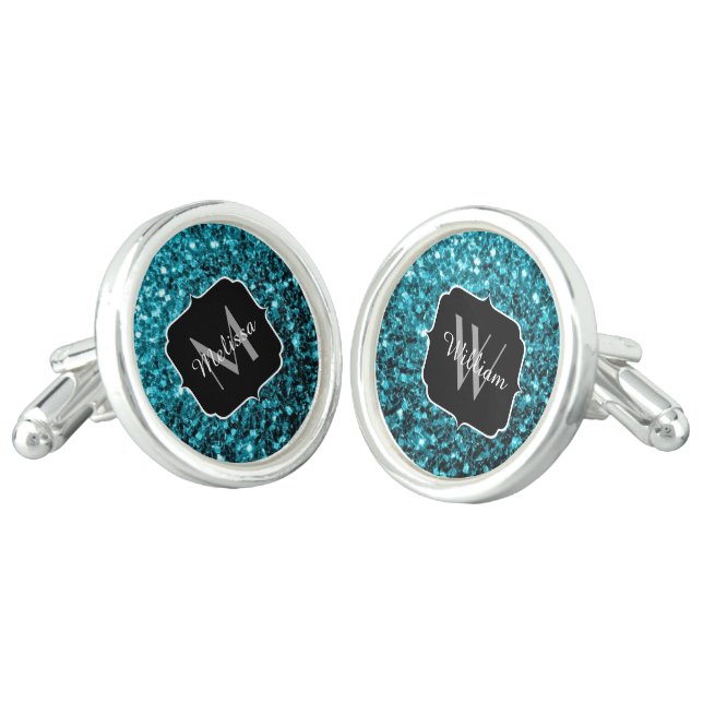 Aqua blue shiny faux glitter sparkles Monogram Cufflinks (Angled)