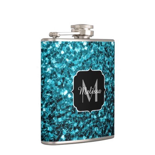 Aqua blue shiny faux glitter sparkles Monogram Flask