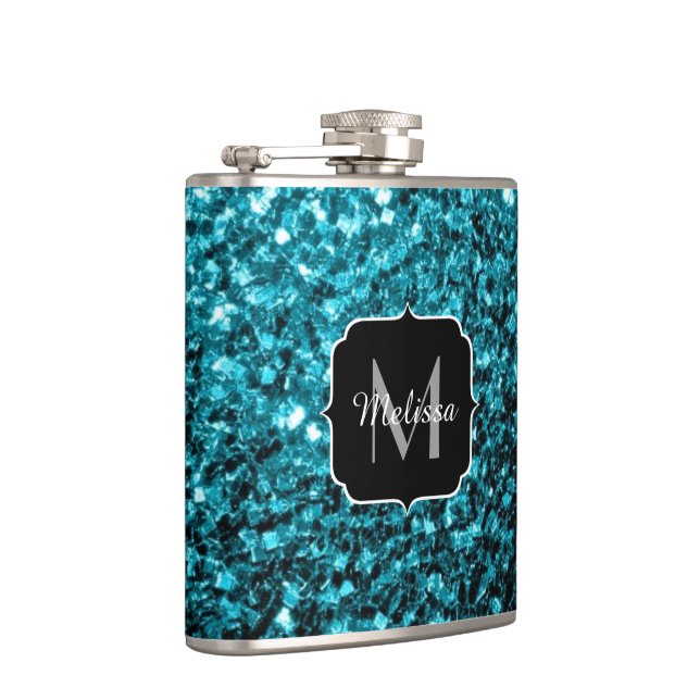 Aqua blue shiny faux glitter sparkles Monogram Flask (Right)