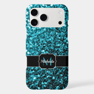 Aqua blue shiny faux glitter sparkles Monogram iPhone 17 Pro Max Case
