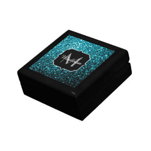 Aqua blue shiny faux glitter sparkles Monogram Keepsake Box