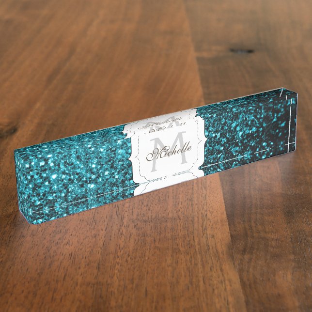 Aqua blue shiny faux glitter sparkles Monogram Name Plate (Side)