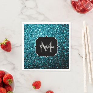 Aqua blue shiny faux glitter sparkles Monogram Napkins