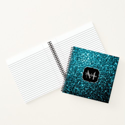 Aqua blue shiny faux glitter sparkles Monogram Notebook