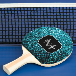 Aqua blue shiny faux glitter sparkles Monogram Ping-Pong Paddle