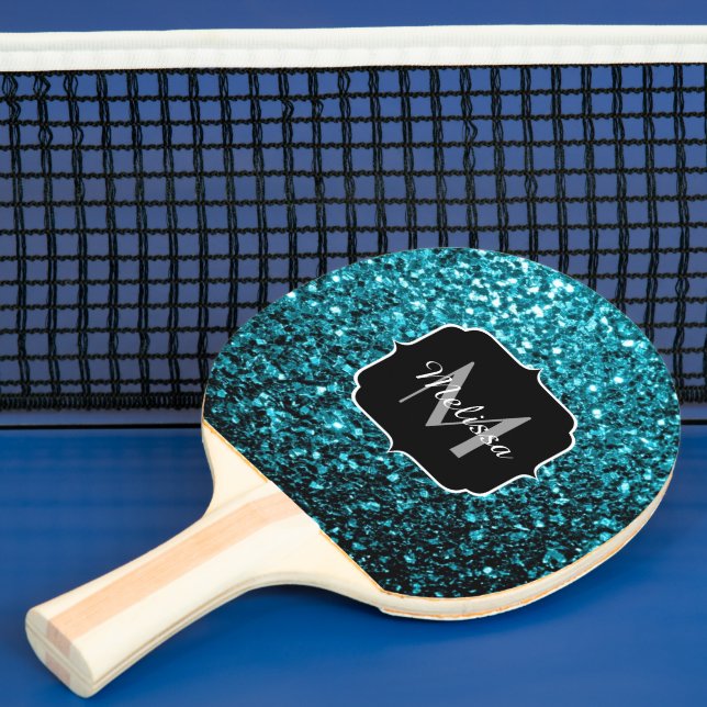 Aqua blue shiny faux glitter sparkles Monogram Ping-Pong Paddle (Insitu)