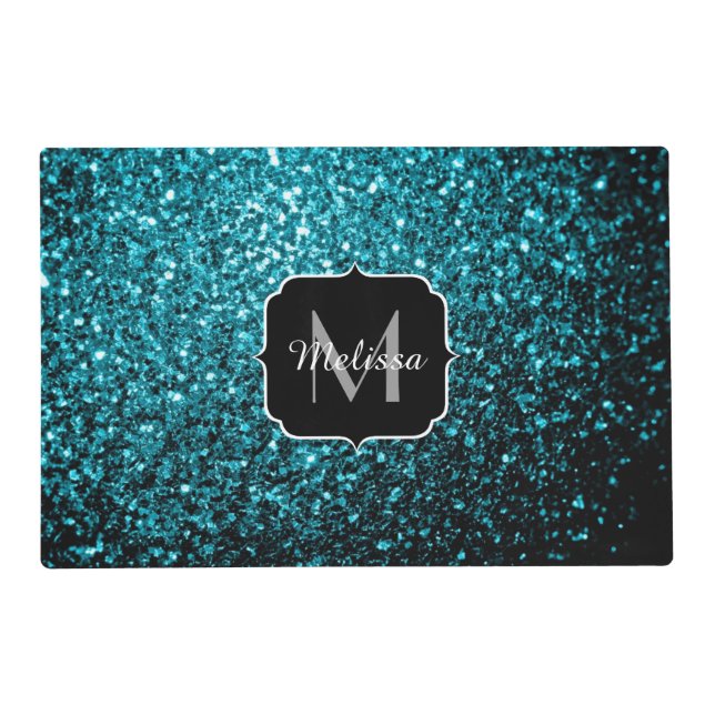 Aqua blue shiny faux glitter sparkles Monogram Placemat (Front)