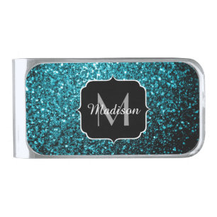 Aqua blue shiny faux glitter sparkles Monogram Silver Finish Money Clip