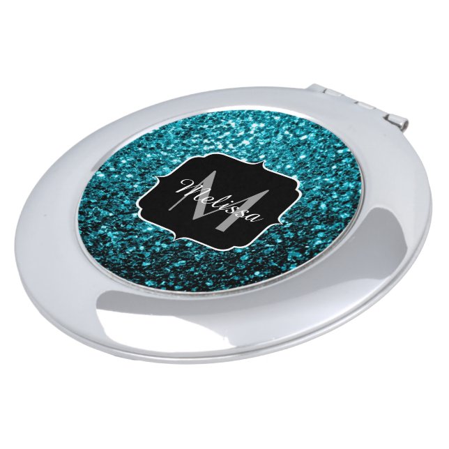 Aqua blue shiny faux glitter sparkles Monogram Vanity Mirror (Turned)