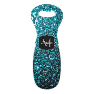 Aqua blue shiny faux glitter sparkles Monogram Wine Bag