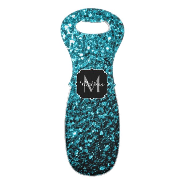 Aqua blue shiny faux glitter sparkles Monogram Wine Bag (Front Flat)