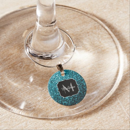 Aqua blue shiny faux glitter sparkles Monogram Wine Glass Charm