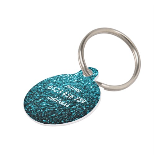 Aqua blue shiny faux glitter sparkles Personalize Pet Name Tag
