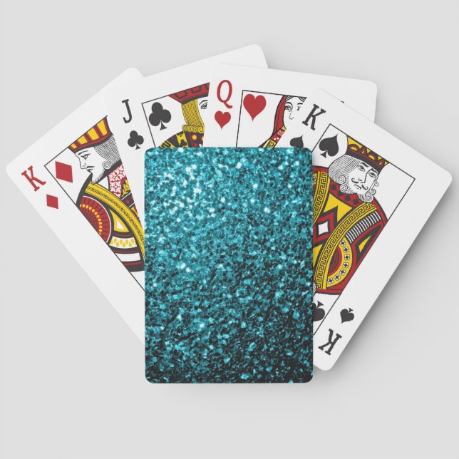 Aqua blue shiny faux glitter sparkles poker cards (Back)
