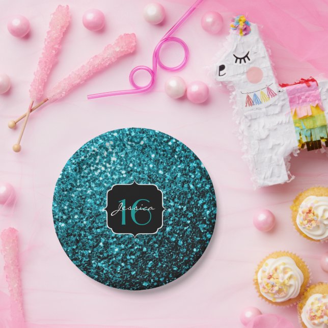 Aqua blue shiny faux glitter sparkles Sweet 16 Paper Plates (Party)