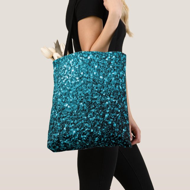 Aqua Blue shiny faux glitter sparkles Tote Bag (Close Up)