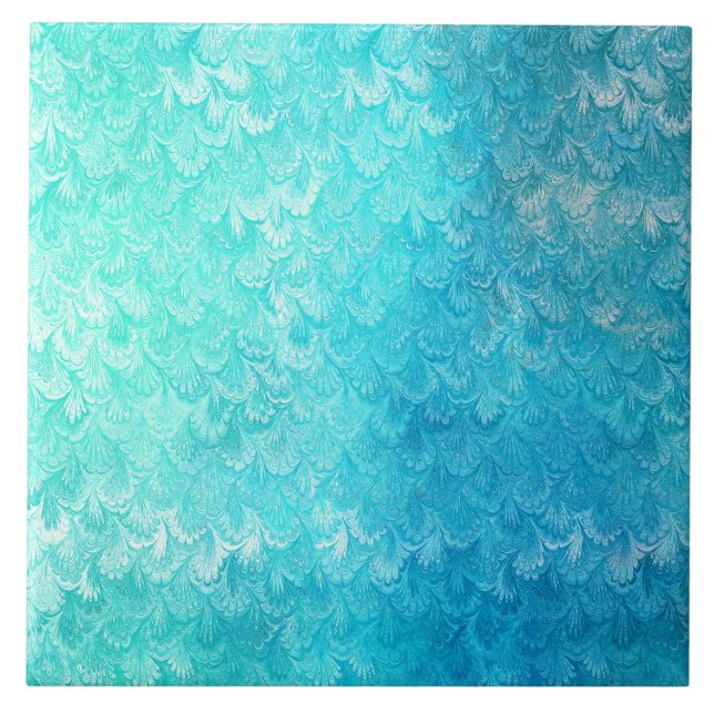 Aqua Blue Shiny Sea Shell Mermaid Fish Scales Ceramic Tile (Front)
