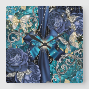 Aqua blue silver butterfly fantasy shabby chic square wall clock