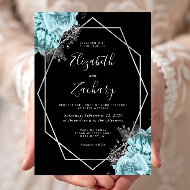 Aqua Blue Silver Floral Black Wedding Invitation (Creator Uploaded)