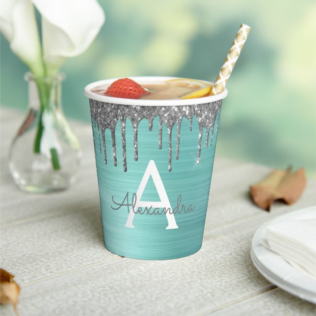 Aqua Blue Silver Glitter and Sparkle Monogram Paper Cups (Insitu)