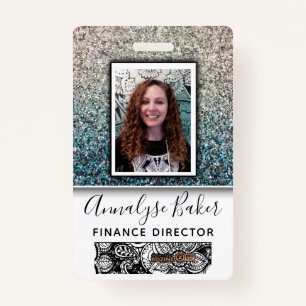 Aqua Blue Silver Glitter Employee Nurse Photo Name Badge