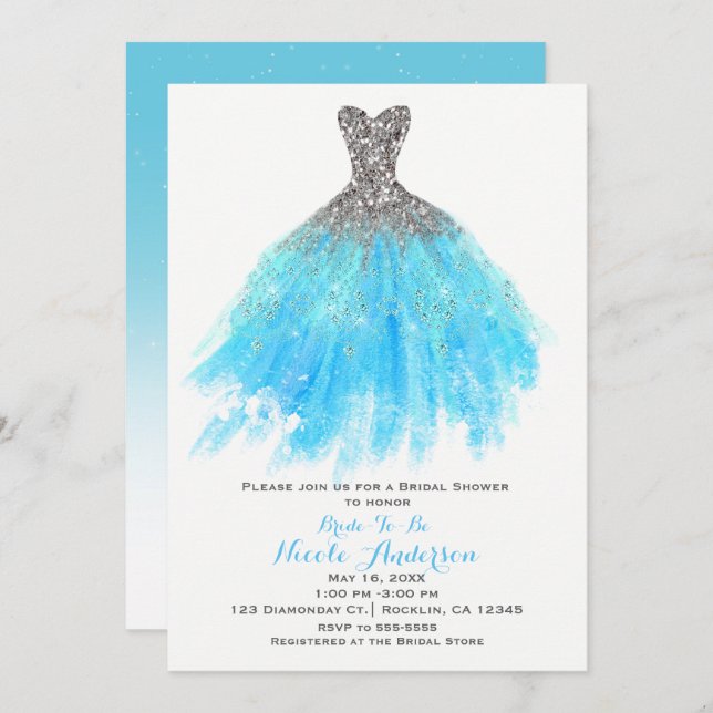 Aqua Blue Silver Glitter Glam Dress Bridal Shower Invitation (Front/Back)