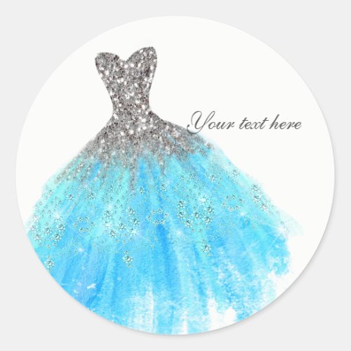 Aqua Blue Silver Glitter Glam Dress Party Favor Classic Round Sticker