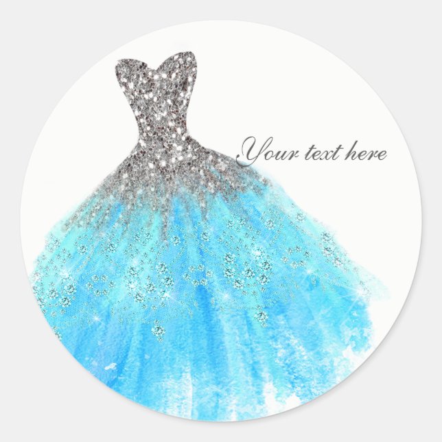 Aqua Blue Silver Glitter Glam Dress Party Favor Classic Round Sticker (Front)
