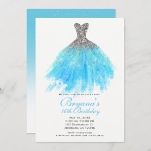 Aqua Blue Silver Glitter Glam Dress Sweet 16 Party Invitation