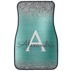 Aqua Blue Silver Glitter Sparkle Monogram Modern C Car Floor Mat