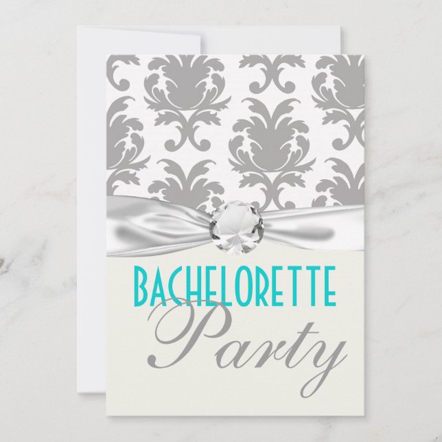 aqua blue silver gray gr damask bachelorette party invitation (Front)