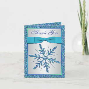 Aqua Blue Silver Snowflakes Photo Thank You Card