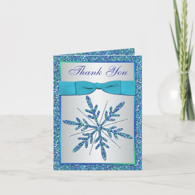 Aqua Blue Silver Snowflakes Photo Thank You Card (Front)