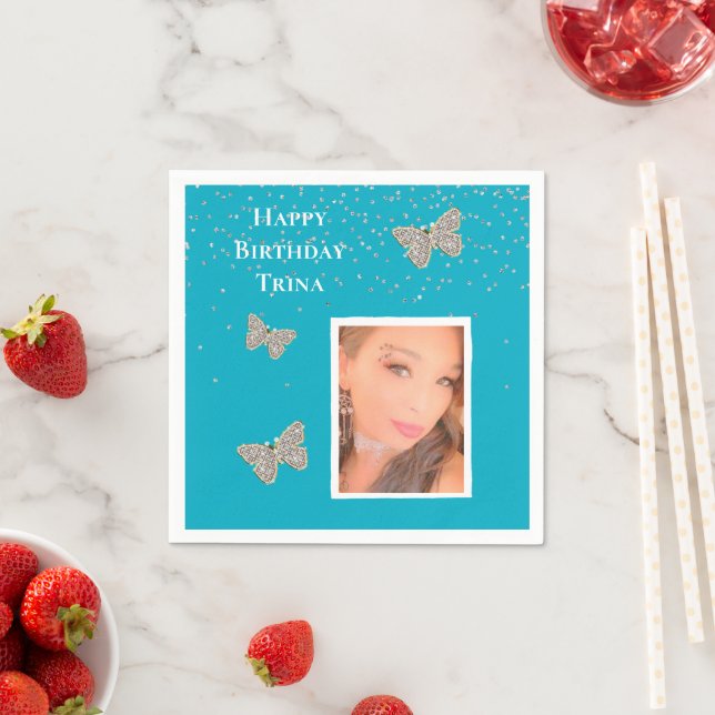 Aqua Blue Silver Sparkle Butterflies Your Photo  Napkins (Insitu)