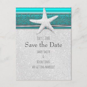 Aqua Blue & Silver Starfish Beach Save the Date Announcement Postcard