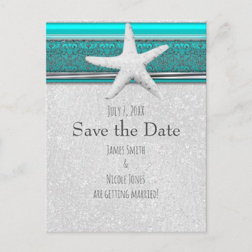 Aqua Blue  Silver Starfish Beach Save the Date Announcement Postcard