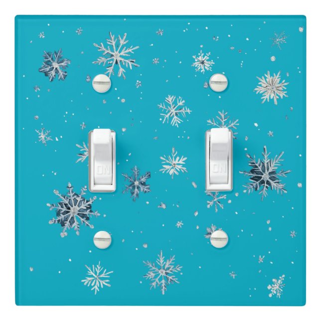 Aqua Blue Silver White Christmas Snowflakes Light Switch Cover (In Situ)