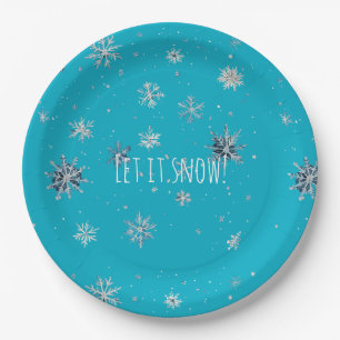 Aqua Blue Silver White Christmas Snowflakes Paper Plates