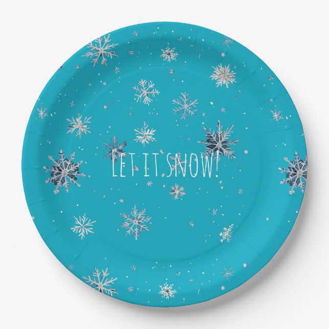 Aqua Blue Silver White Christmas Snowflakes Paper Plates (Front)