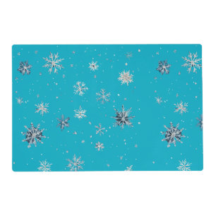 Aqua Blue Silver White Christmas Snowflakes Placemat