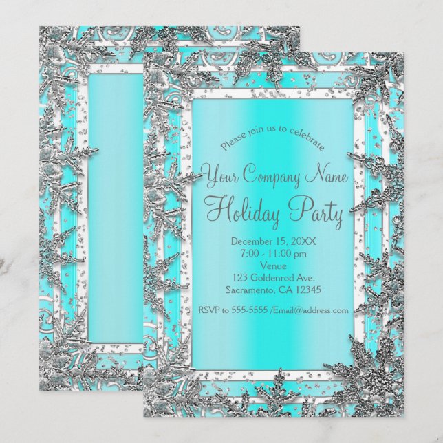 Aqua Blue & Silver Winter Snowflakes Elegant Party Invitation (Front/Back)
