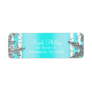 Aqua Blue & Silver Winter Snowflakes Elegant Party Label