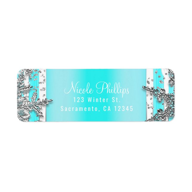 Aqua Blue & Silver Winter Snowflakes Elegant Party Label (Front)