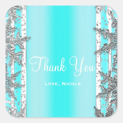 Aqua Blue  Silver Winter Snowflakes Elegant Party Square Sticker