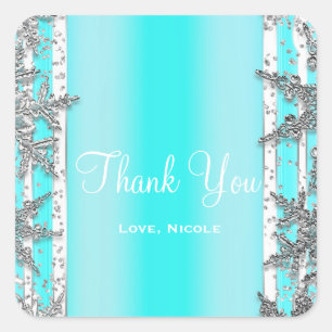 Aqua Blue & Silver Winter Snowflakes Elegant Party Square Sticker