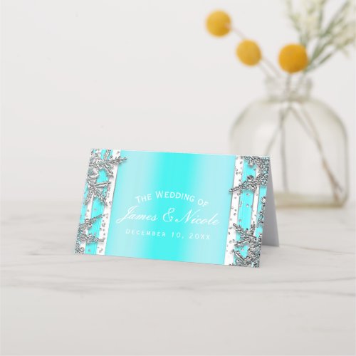 Aqua Blue  Silver Winter Snowflakes Party Seat Place Card