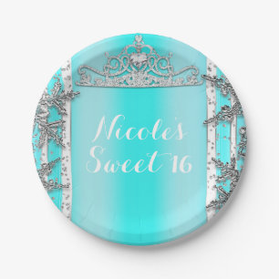 Aqua Blue & Silver Winter Wonderland Snowflakes Paper Plates