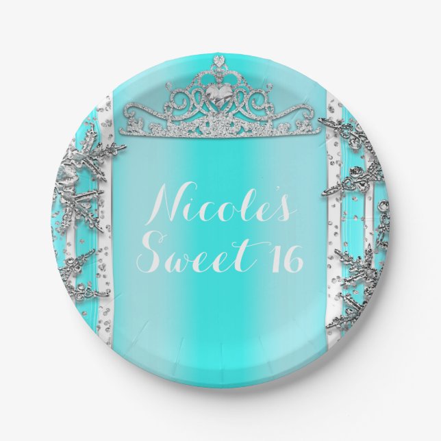 Aqua Blue & Silver Winter Wonderland Snowflakes Paper Plates (Front)