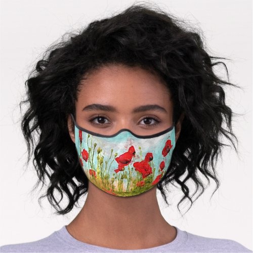 Aqua Blue Sky Red Poppy Poppies Floral Watercolor Premium Face Mask